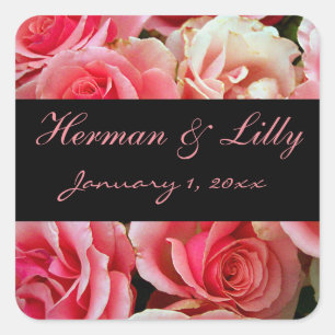 Frosted Pink Roses Personalised Wedding Square Sticker