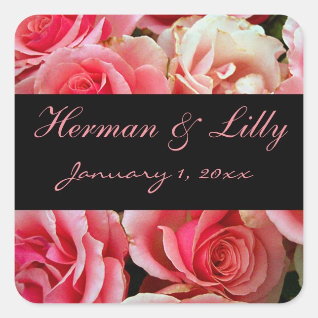 Frosted Pink Roses Personalised Wedding Square Sticker (Front)