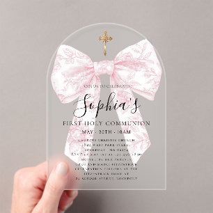 FROSTED Pink Toile Bow Girl First Communion Arch Acrylic Invitations
