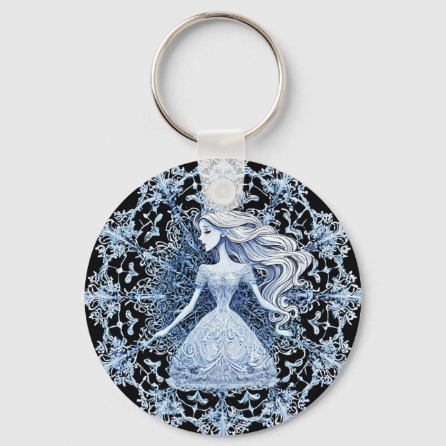 Frosted Princess Surrounded by Intricate Snowflake Key Ring (Front)
