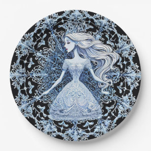 Frosted Princess Surrounded by Intricate Snowflake Paper Plate