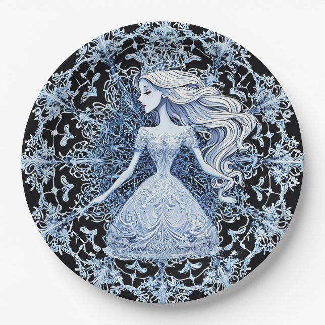 Frosted Princess Surrounded by Intricate Snowflake Paper Plate (Front)