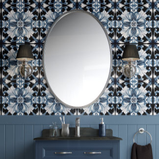 Frosted Regal Bloom Blue White Black Traditional  Wallpaper