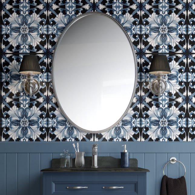Frosted Regal Bloom Blue White Black Traditional  Wallpaper (Royal Frost Peel and Stick Wallpaper )