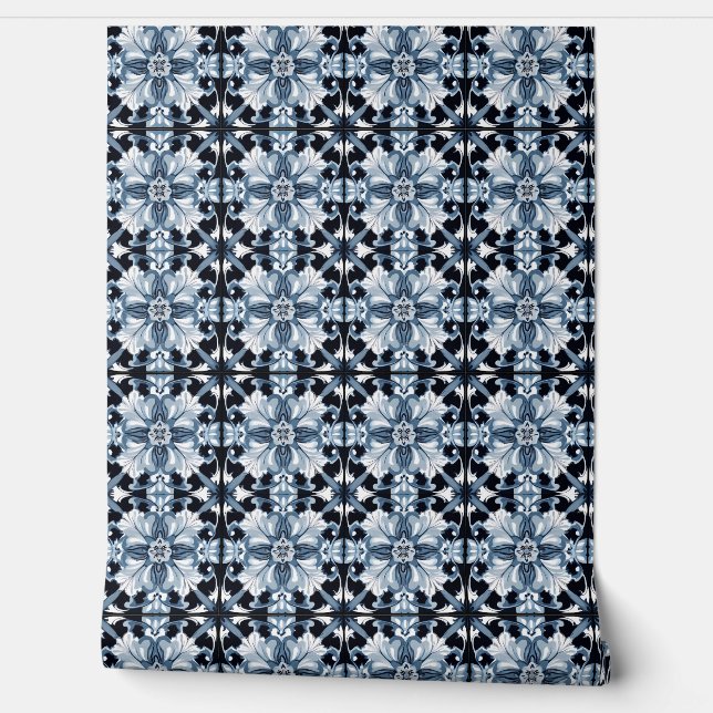 Frosted Regal Bloom Petite - Blue, White, Black Wallpaper (Unrolling)