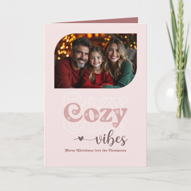 Frosted Rose Cosy Vibes Retro Christmas Photo Holiday Card (Front)