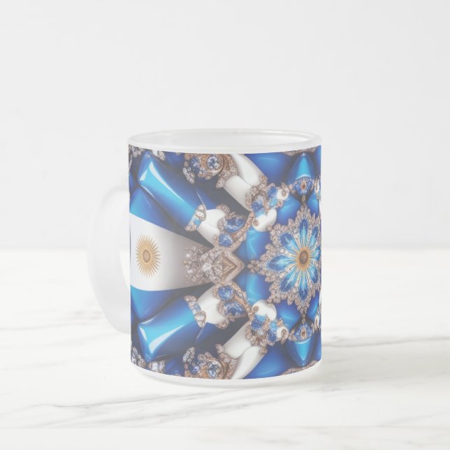 Frosted small glass mug with Argentinian Colours (Front Left)