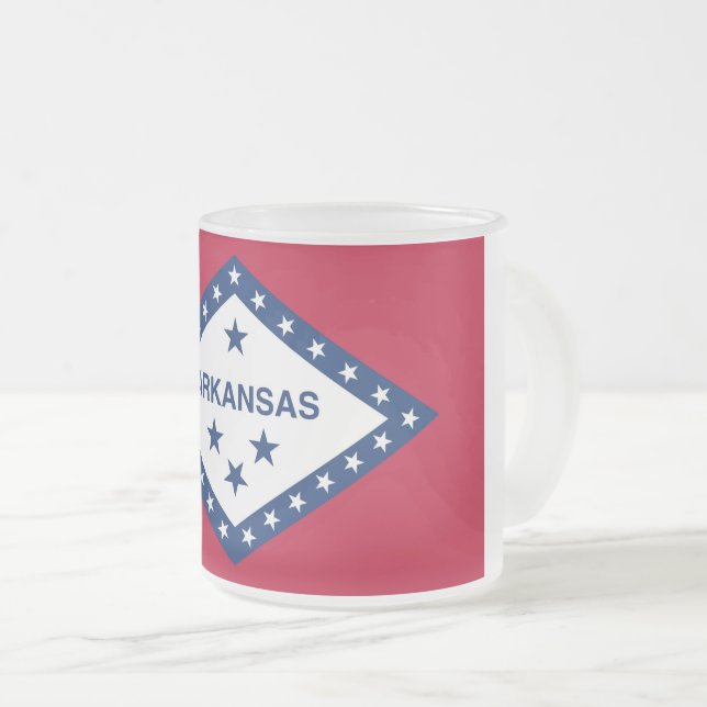 Frosted small glass mug with flag of Arkansas, USA (Front Right)