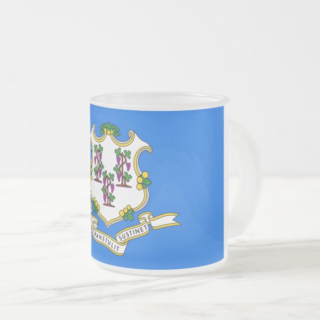 Frosted small glass mug with flag of Connecticut (Front Right)