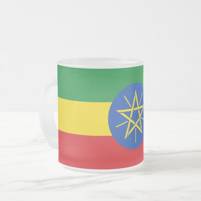 Frosted small glass mug with flag of Ethiopia (Front Left)