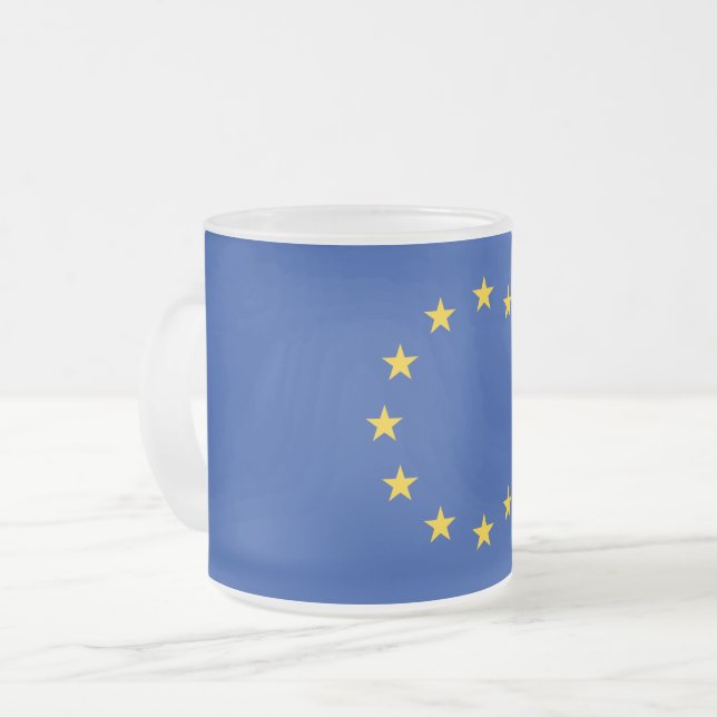 Frosted small glass mug with flag of Europe (Front Left)