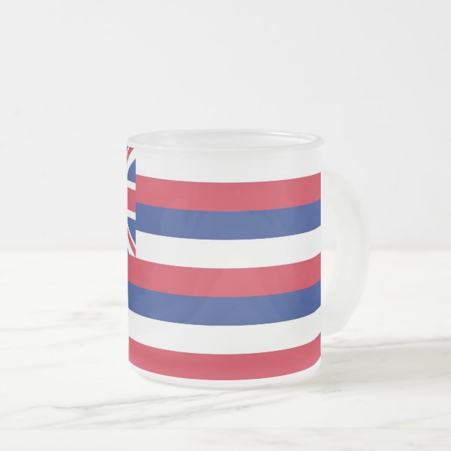 Frosted small glass mug with flag of Hawaii (Front Right)