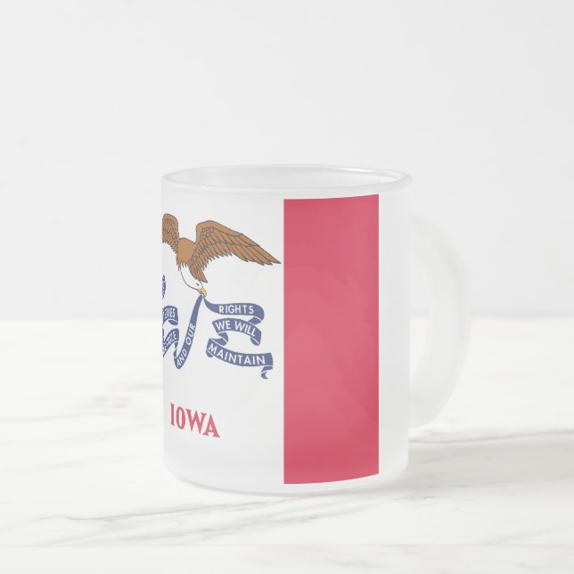 Frosted small glass mug with flag of Iowa (Front Right)