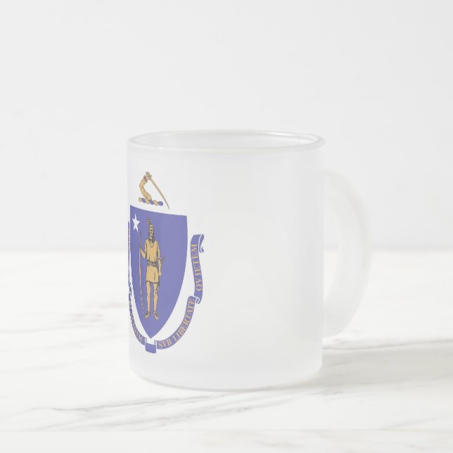Frosted small glass mug with flag of Massachusetts (Front Right)
