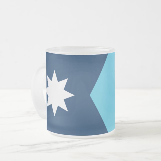 Frosted small glass mug with flag of Minnesota, US (Front Left)
