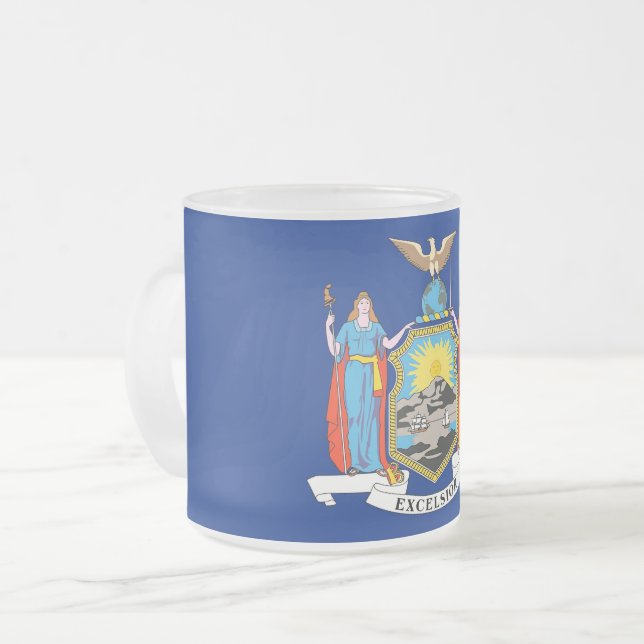 Frosted small glass mug with flag of New York (Front Left)