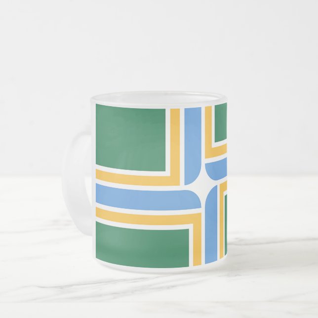 Frosted small glass mug with flag of Portland (Front Left)
