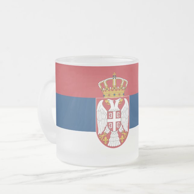 Frosted small glass mug with flag of Serbia (Front Left)