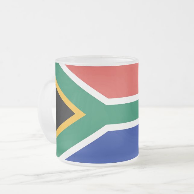 Frosted small glass mug with flag of South Africa (Front Left)