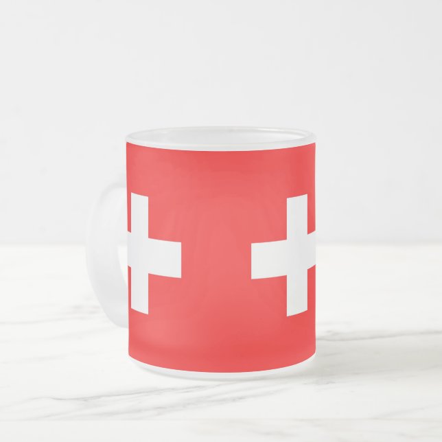 Frosted small glass mug with flag of Switzerland (Front Left)