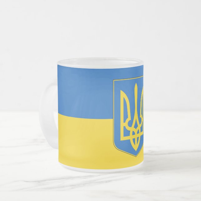 Frosted small glass mug with flag of Ukraine (Front Left)