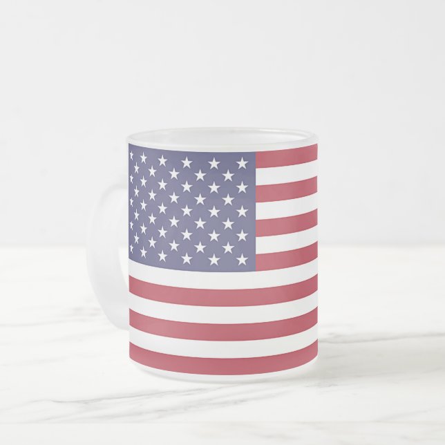 Frosted small glass mug with flag of USA (Front Left)