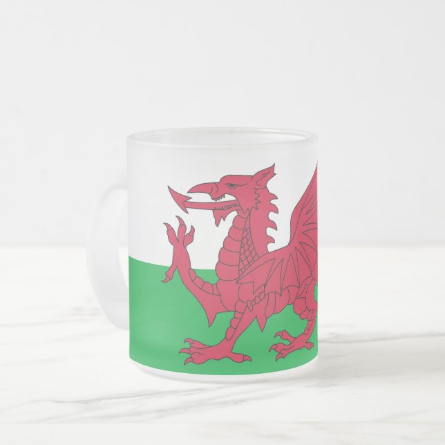 Frosted small glass mug with flag of Wales, UK (Front Left)