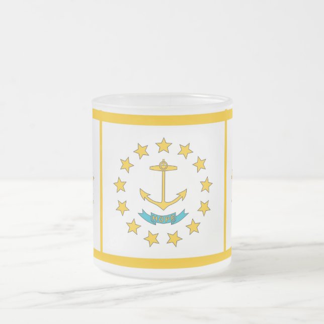 Frosted small glass mug with flag Rhode Island USA (Center)