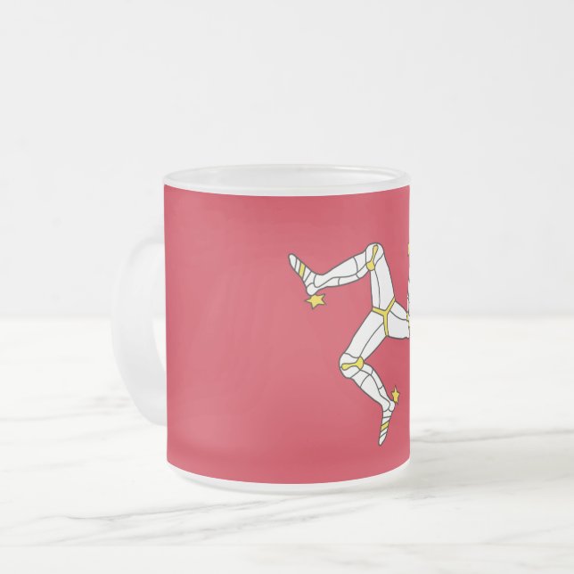 Frosted small glass mug with Isle Of Man flag, UK (Front Left)