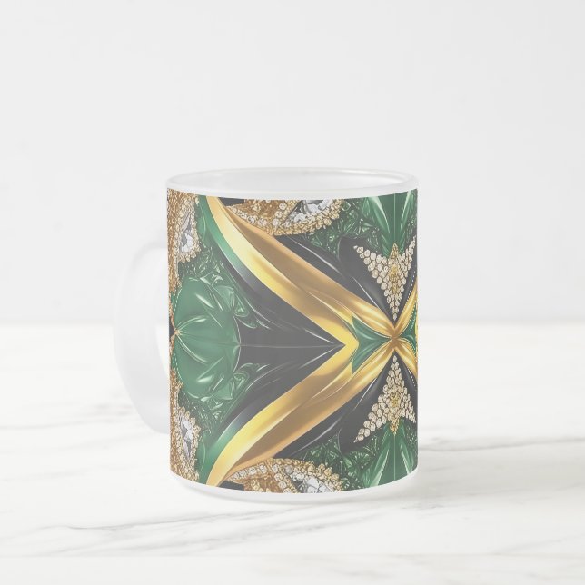 Frosted small glass mug with Jamaican Colours (Front Left)