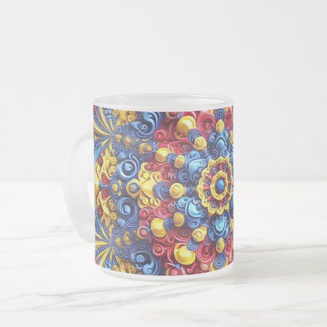 Frosted small glass mug with Romanian Colours (Front Left)