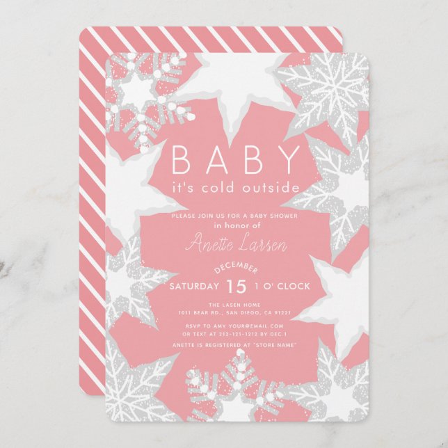 Frosted Snowflakes Pink Winter Baby Shower Invitation (Front/Back)
