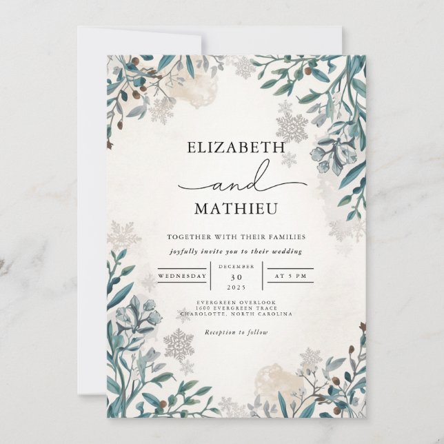 Frosted Spruce Botanical Winter Wedding Invitation (Front)