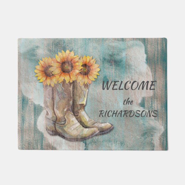 Frosted Sunflower Cowboy Boots Welcome Doormat (Front)