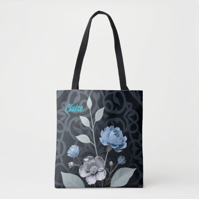 Frosted Winter Floral, Icy Blue & Silver Pattern R Tote Bag (Front)
