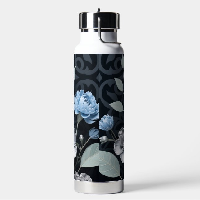 Frosted Winter Floral, Icy Blue & Silver Pattern R Water Bottle (Left)