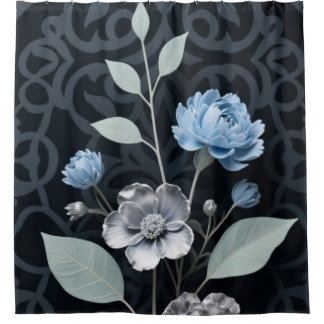 Frosted Winter Floral, Icy Blue & Silver Pattern Shower Curtain