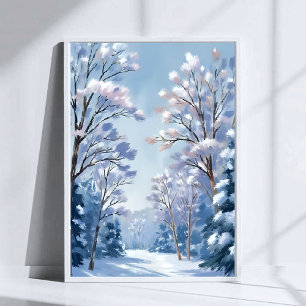 Frostlight Forest   Winter Snow Watercolor Nature Poster