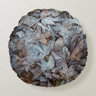 Frosty Autumn Leaves Round Cushion