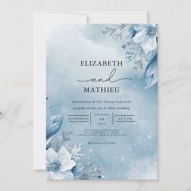 Frosty Azure Bloom Wedding Invitation (Front)
