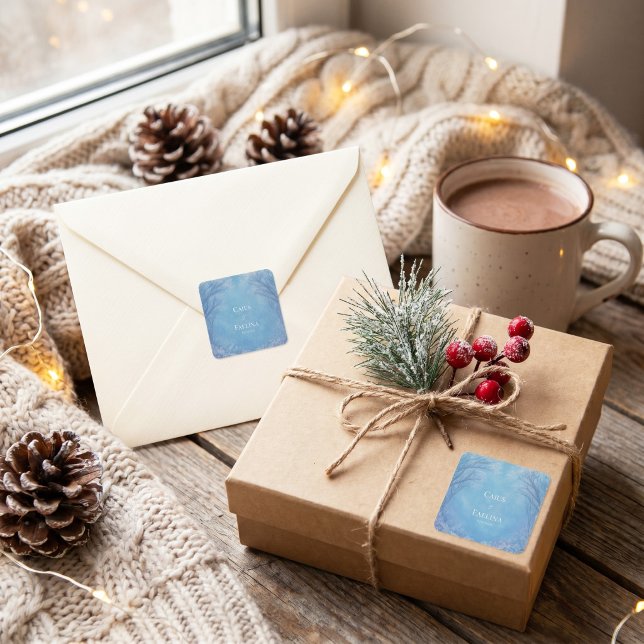Frosty Azure Filigree Winter Forest Wedding Square Sticker (Creator Uploaded)