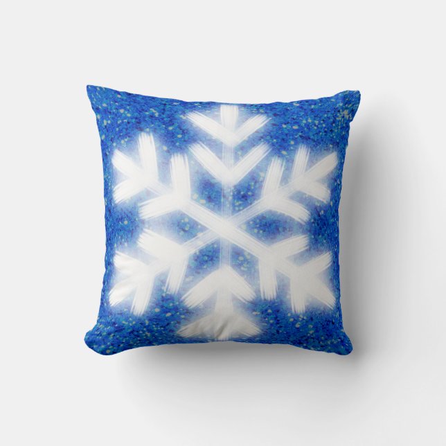Frosty blue North Pole snowflakes | sparkling snow Cushion (Front)