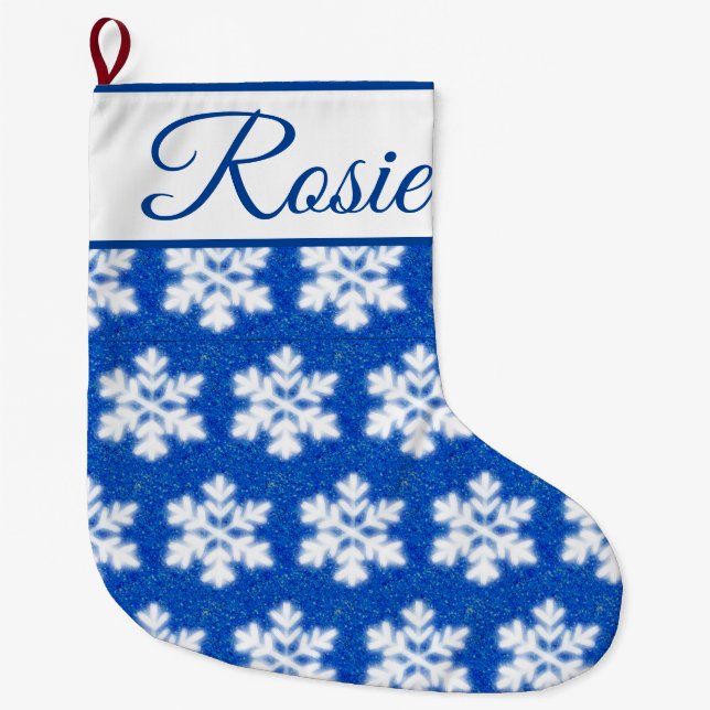 Frosty blue North Pole snowflakes | sparkling snow Large Christmas Stocking (Front)