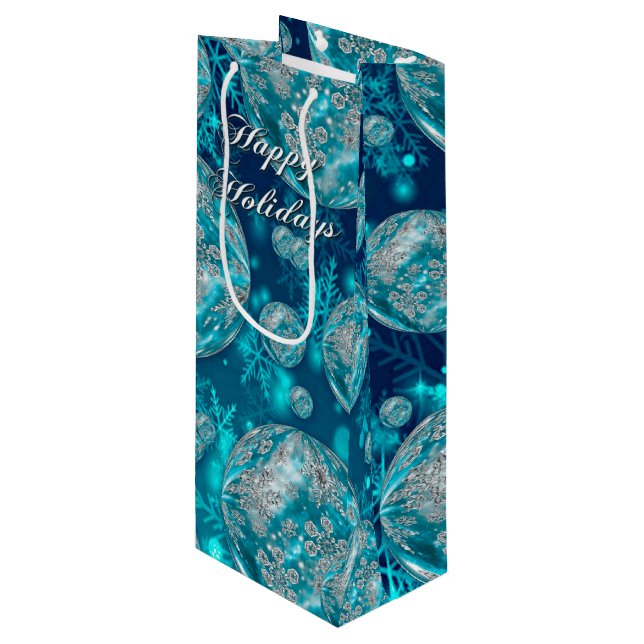 Frosty Blue Snowflake Bubbles Holiday Wine Gift Bag (Front Angled)