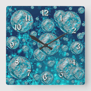 Frosty Blue Snowflake Bubbles Square Wall Clock
