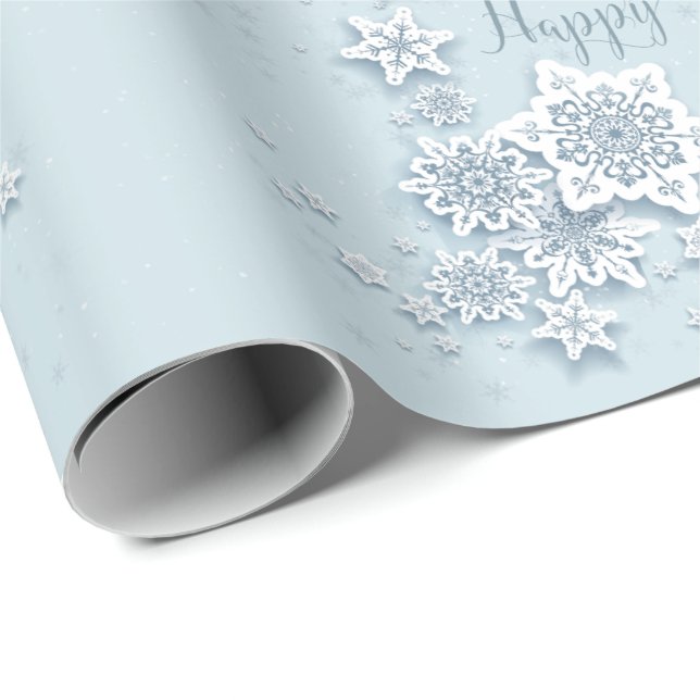 Frosty Blue Snowflakes Happy Holidays Wrapping Paper (Roll Corner)