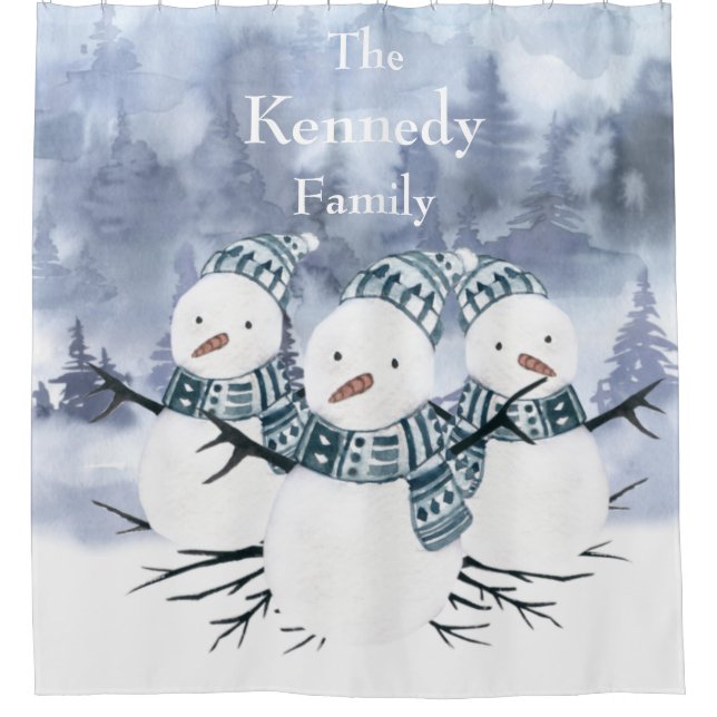 Frosty Blue Winter Snowmen Family Shower Curtain (Front)