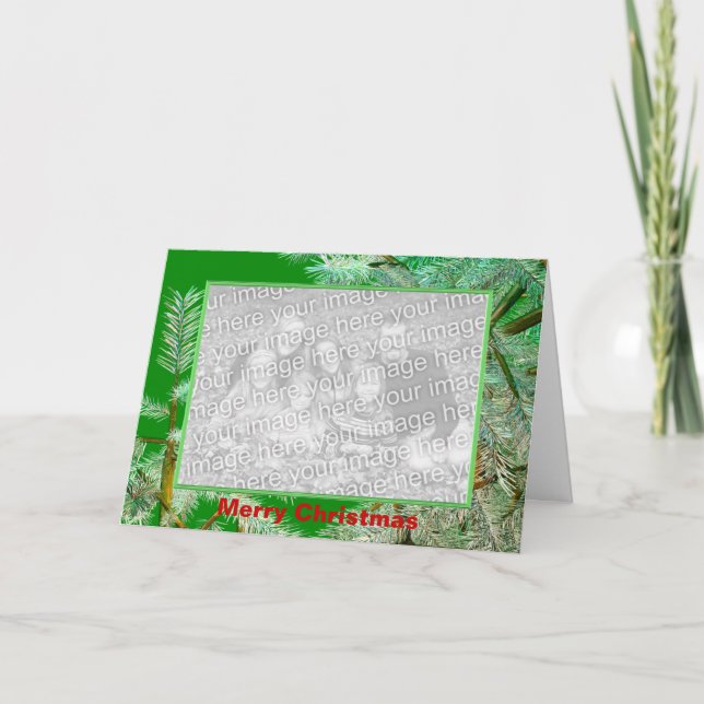 Frosty Christmas Pine Branches on Green photo Holiday Card (Front)