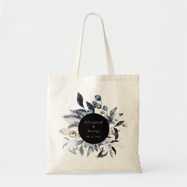 frosty dusty blue winter floral monogram wedding  tote bag (Front)