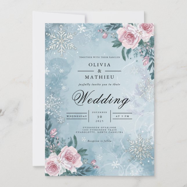 Frosty Floral Winter Scene Wedding Invitation (Front)